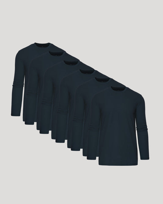 Row of dark blue long-sleeve shirts on a light gray background