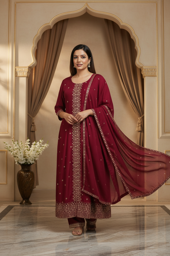 Model wearing Anarkali long kurti set