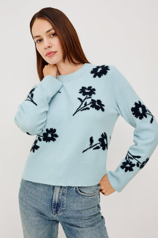 Anise Sweater in Wool Blend With Contrast Floral Motifs, Crew Neckline, Long Sleeves, and Relaxed Boxy Fit in Winter Blue Floral Colorway - Upper Body Front View Featured on Model