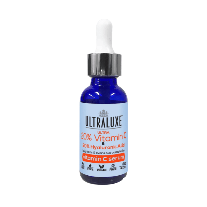 Blue dropper bottle of Anti-Aging 20% Ultra Vitamin C Serum | Ultraluxe Skincare featuring Vitamin C and Hyaluronic Acid for brightening and evening skin tone.