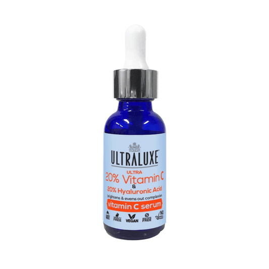 Blue dropper bottle of Anti-Aging 20% Ultra Vitamin C Serum | Ultraluxe Skincare featuring Vitamin C and Hyaluronic Acid for brightening and evening skin tone.