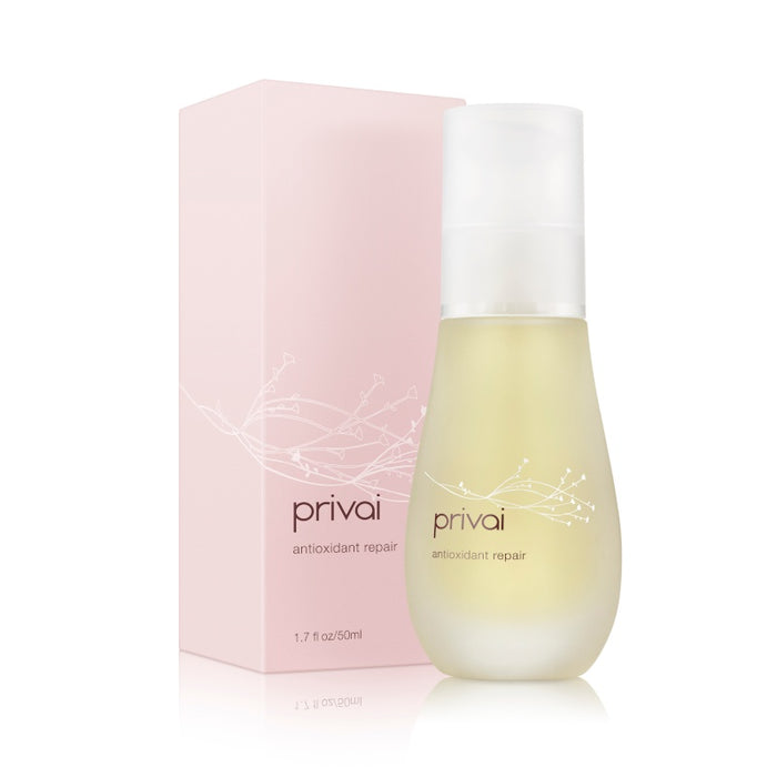 Antioxidant Repair | Privai skincare serum in a frosted glass bottle with white pump next to a pale pink box, designed for skin repair and wellness.