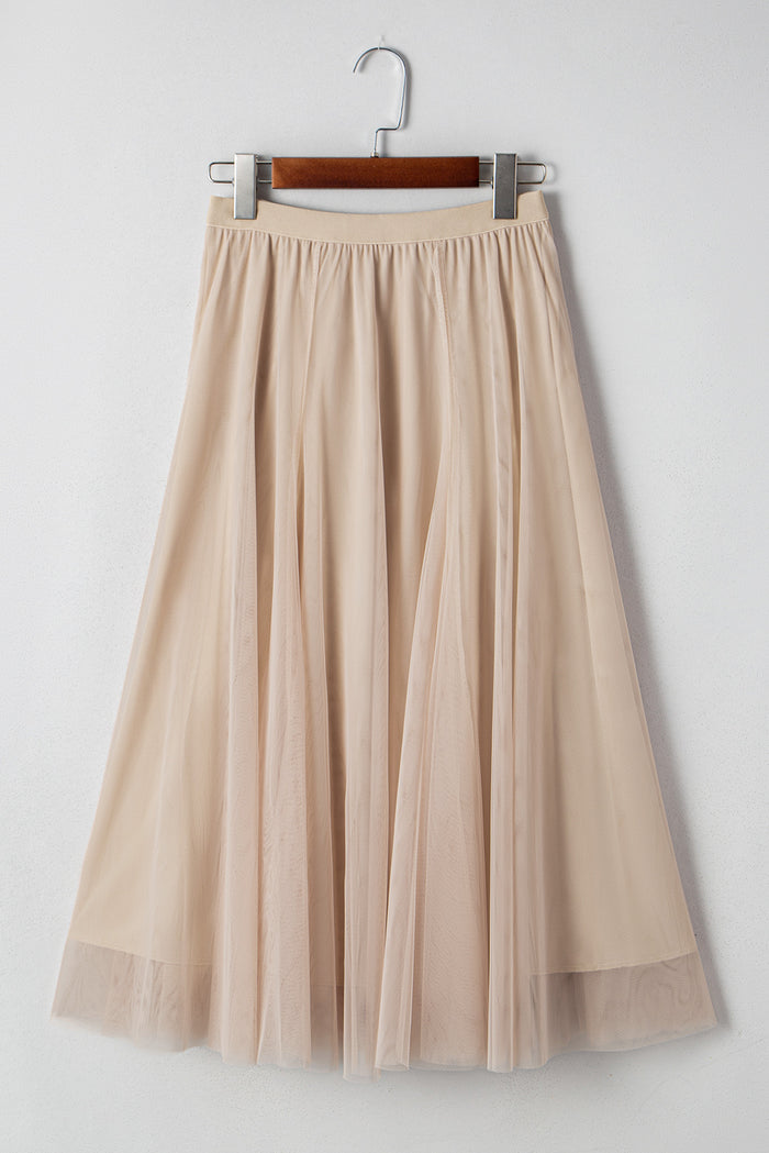 Apricot Tulle Mesh Overlay Flared Midi Skirt