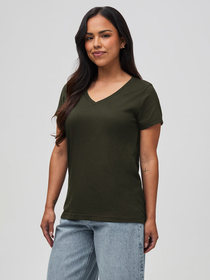 Nathalie is 5'6" and wears a size S # Women's Army Green V-Neck at Fresh Clean Threads