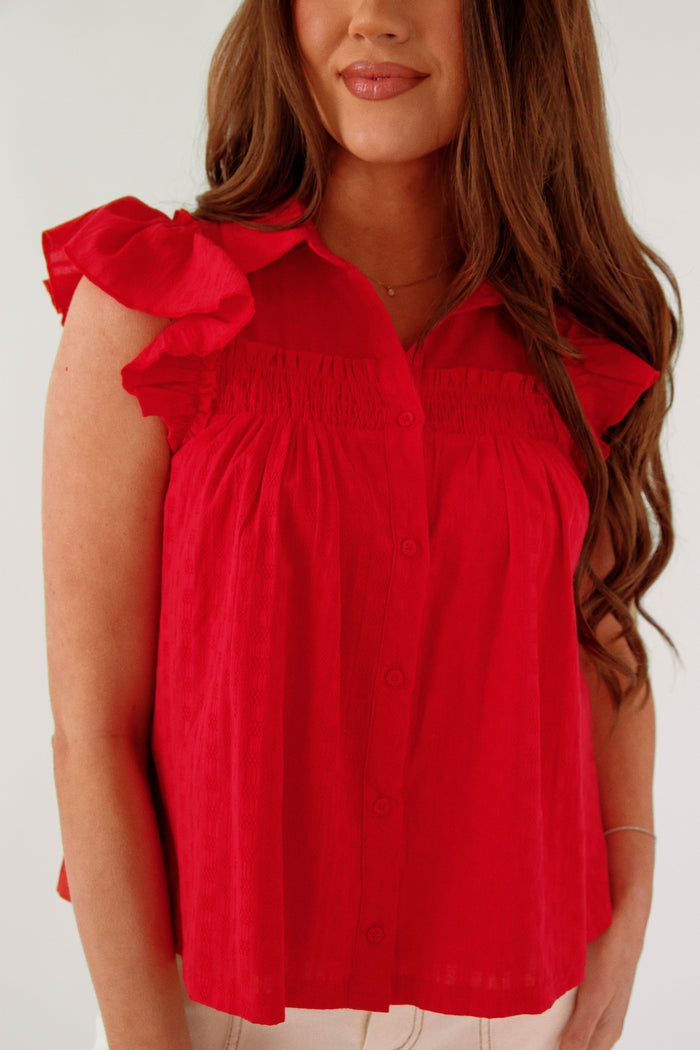 Red Ruffle Sleeve Smocked Blouse- Red Cotton Button Down Blouse- &Merci Ruffled Sleeve Top