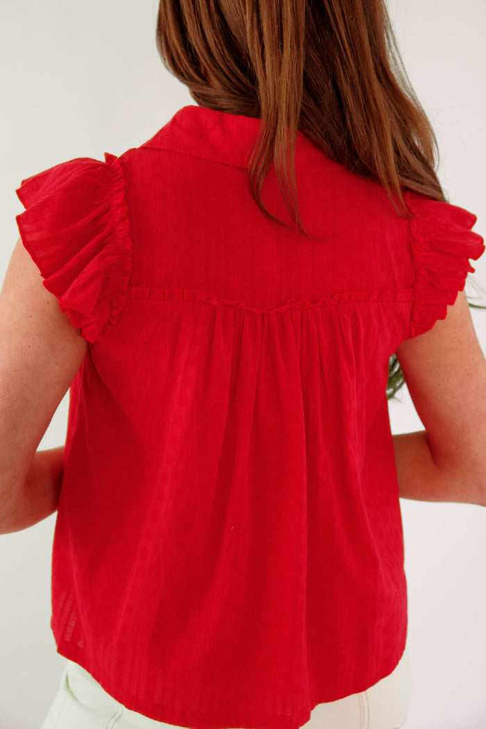 Red Ruffle Sleeve Smocked Blouse- Red Cotton Button Down Blouse- &Merci Ruffled Sleeve Top