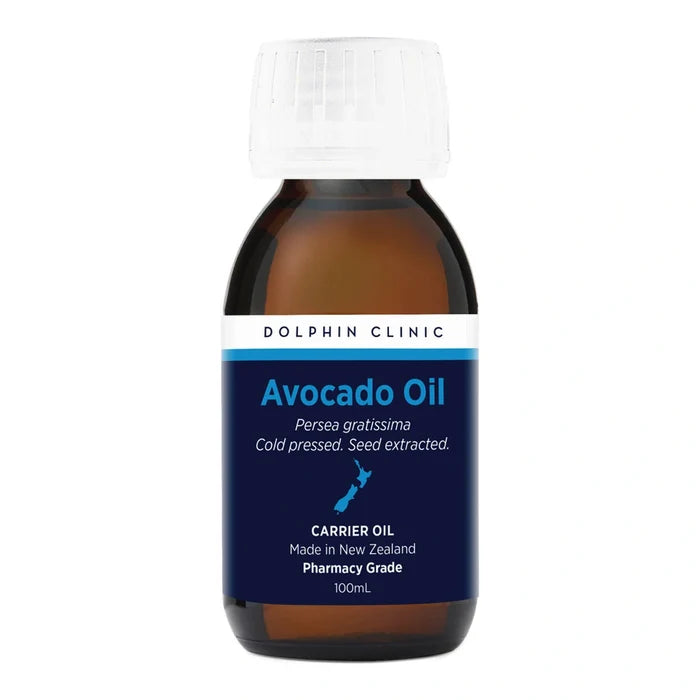 100ml bottle of avocado oil with a blue label on a white background
