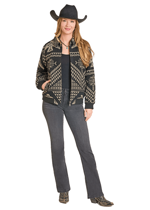 Woman wearing DW92C06830 Aztec print jacket and jeans