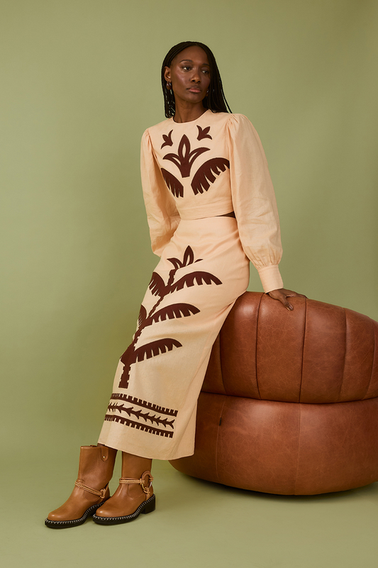 Beige Palm Print Midi Skirt