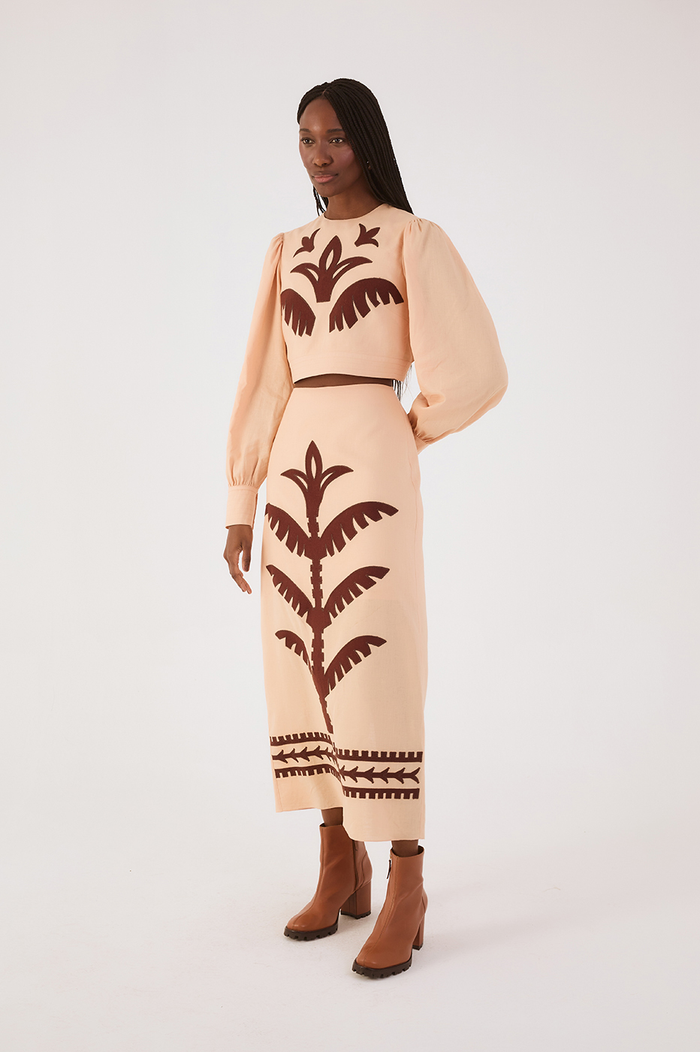Beige Palm Print Midi Skirt_2