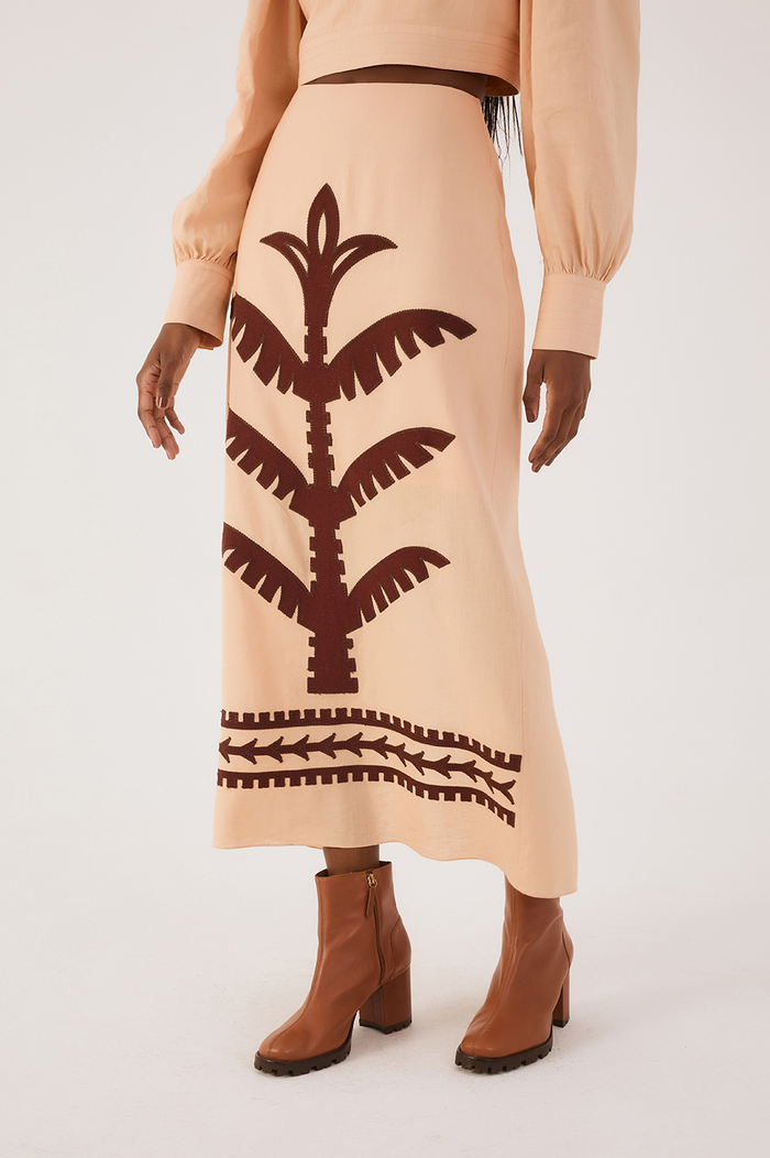 Beige Palm Print Midi Skirt_3