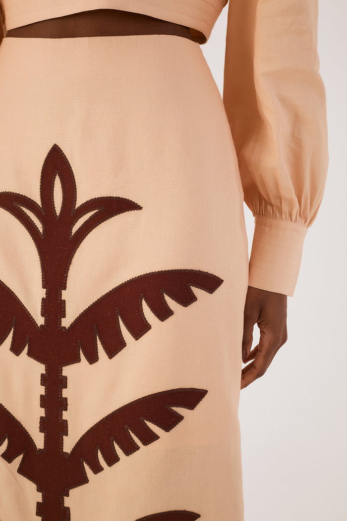 Beige Palm Print Midi Skirt_4