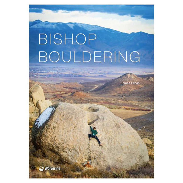 Bishop Bouldering guidebook cover featuring a climber on a large desert boulder with mountain scenery in the background.
