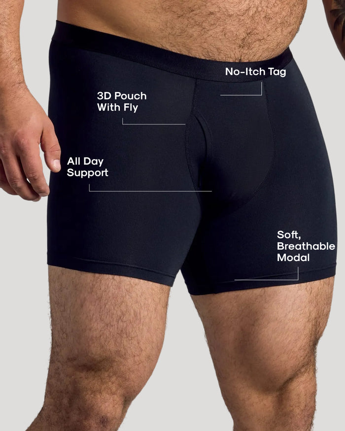 Man wearing Black Boxer Briefs W/ Fly, highlighting 3D pouch and tagless label.