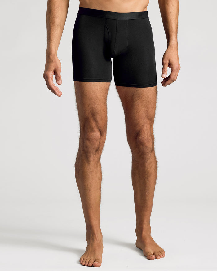 Man wearing fitted Black Boxer Briefs W/ Fly, showcasing modern fit.