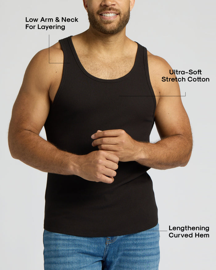 Man wearing a black tank top with text highlighting features on a gray background