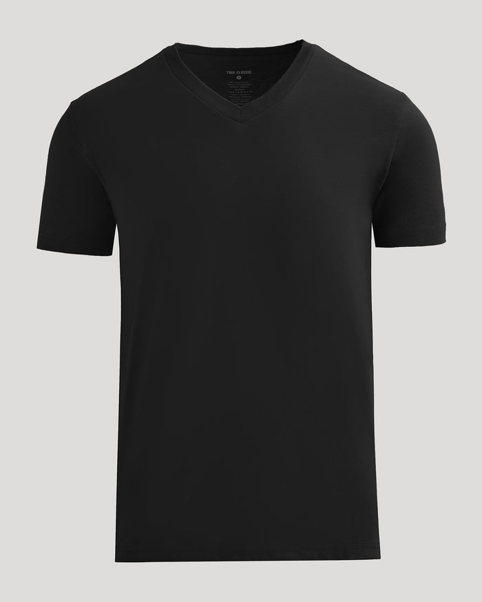 Black V Neck Tee laid flat against a gray background.