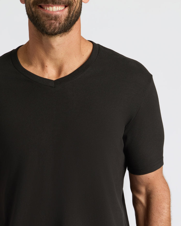Man wearing Classic V-Neck T-shirt, smiling slightly.