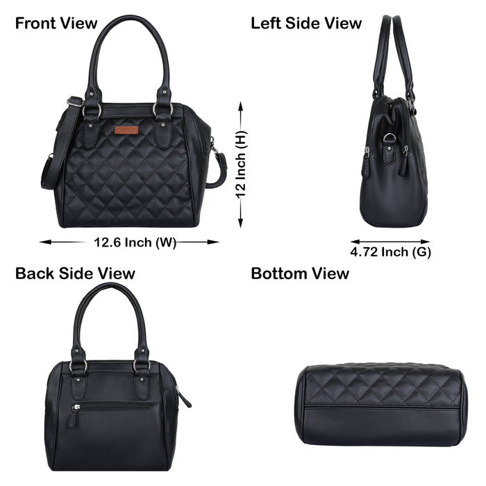 Women’s black quilted vegan leather top handle satchel shoulder crossbody bag-infograohic image