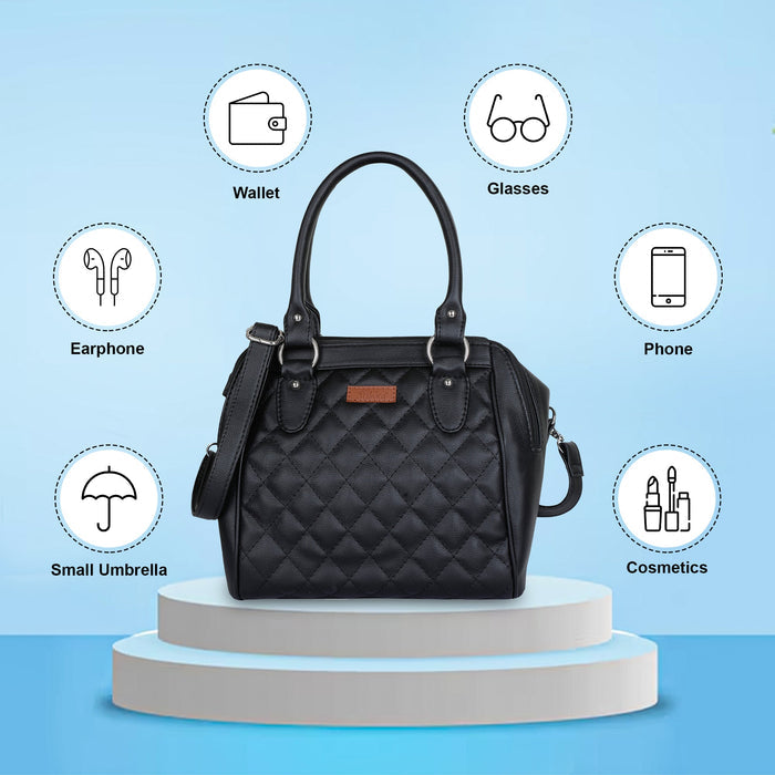 Women’s black quilted vegan leather top handle satchel shoulder crossbody bag-feature image