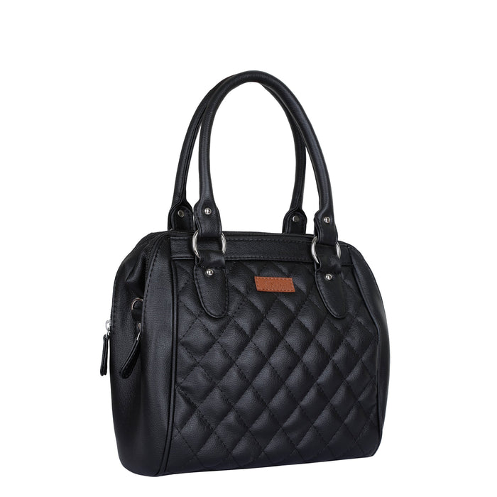 Women’s black quilted vegan leather top handle satchel shoulder crossbody bag-half side view