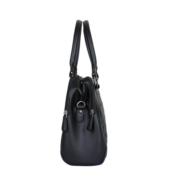 Women’s black quilted vegan leather top handle satchel shoulder crossbody bag-side image