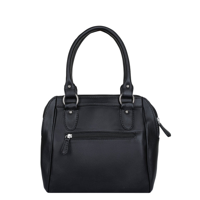 Women’s black quilted vegan leather top handle satchel shoulder crossbody bag-back image