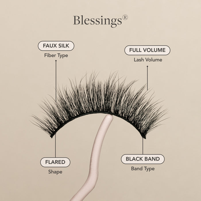 Blessings false lash faux silk fibers, full volume, flared shape, and black lash band.