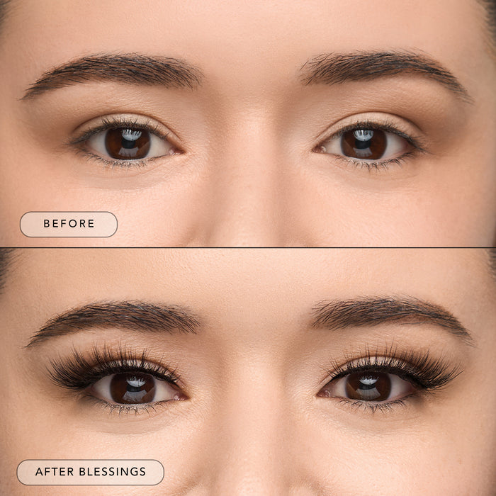 Before and after of a model wearing Blessings lashes.