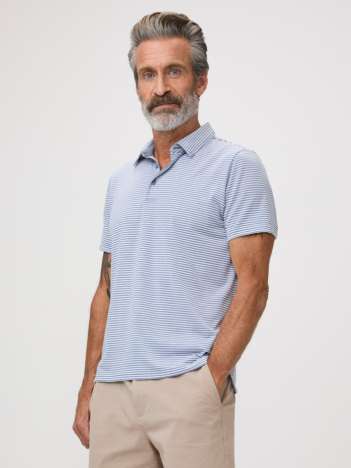 a clean, confident silhouette # Striped Performance Polo | Wedgewood and White | Spring 2026 at Fresh Clean Threads