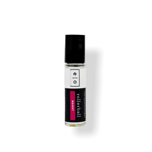 Clear glass rollerball bottle with black cap labeled "elo rollerball boost," shown on white background, for Boost Rollerball - Immune Support | Essence One wellness supplement.