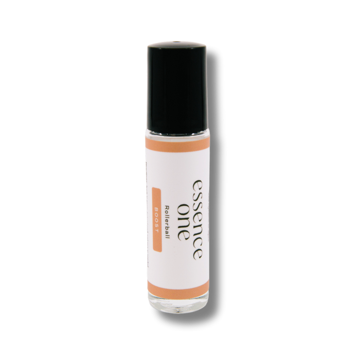 Boost Rollerball - Immune Support | Essence One wellness supplement in a clear glass bottle with a black cap and white label featuring soft orange accents.