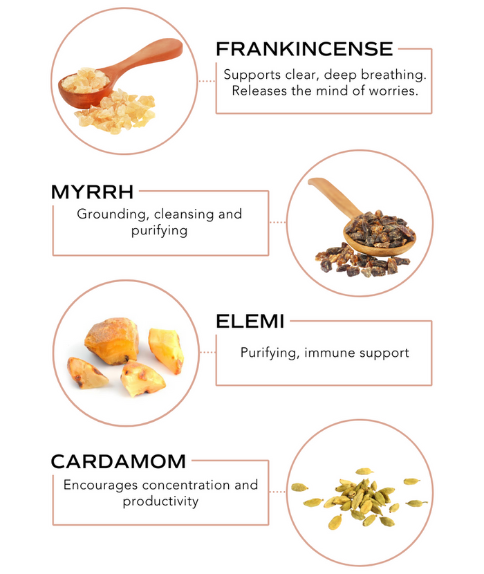 Image showing natural ingredients frankincense, myrrh, elemi, and cardamom with descriptions highlighting their benefits for clear breathing, grounding, immune support, and concentration in the Boost Rollerball - Immune Support | Essence One.