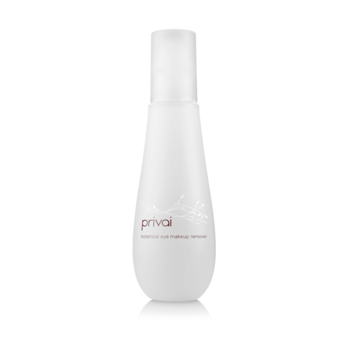 White frosted bottle of Botanical Eye Makeup Remover | Privai with minimalist botanical design, showcasing skincare product for gentle eye cleansing and makeup removal.