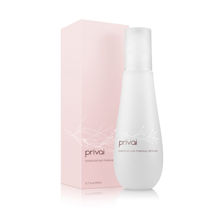 Botanical Eye Makeup Remover | Privai in a sleek white bottle with delicate botanical design, placed next to a soft pink box, highlighting skincare and gentle makeup removal.