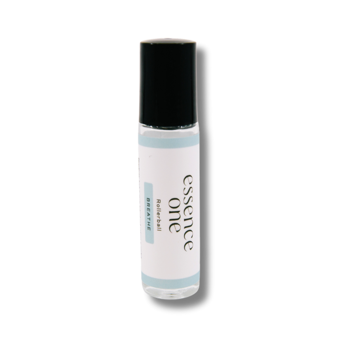 Small clear rollerball bottle with a black cap labeled Essence One Breathe Rollerball, designed for respiratory support wellness supplements.