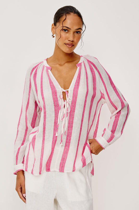 Brielle Blouse in Linen With Mandarin Collar, Loose Fit, Deep V-Neckline With Self-Ties, and Long Sleeves in Delfine Stripe Colorway - Upper Body Front View Featured on Model