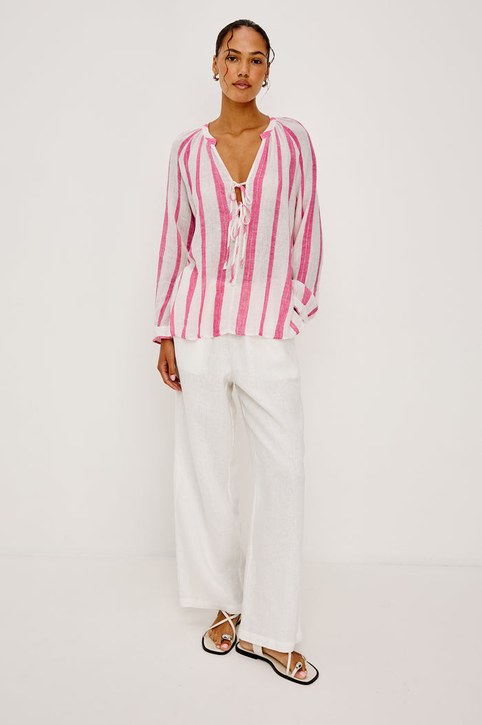 Brielle Blouse in Linen With Mandarin Collar, Loose Fit, Deep V-Neckline With Self-Ties, and Long Sleeves in Delfine Stripe Colorway - Full Body Front View Featured on Model