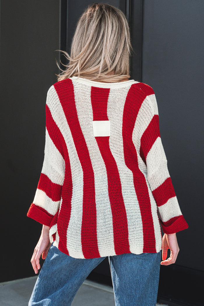 Brown Stripe Colorblock V Neck Bracelet Sleeve Sweater