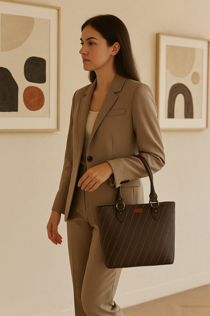 Women’s brown vegan leather top handle tote satchel shoulder handbag-model image