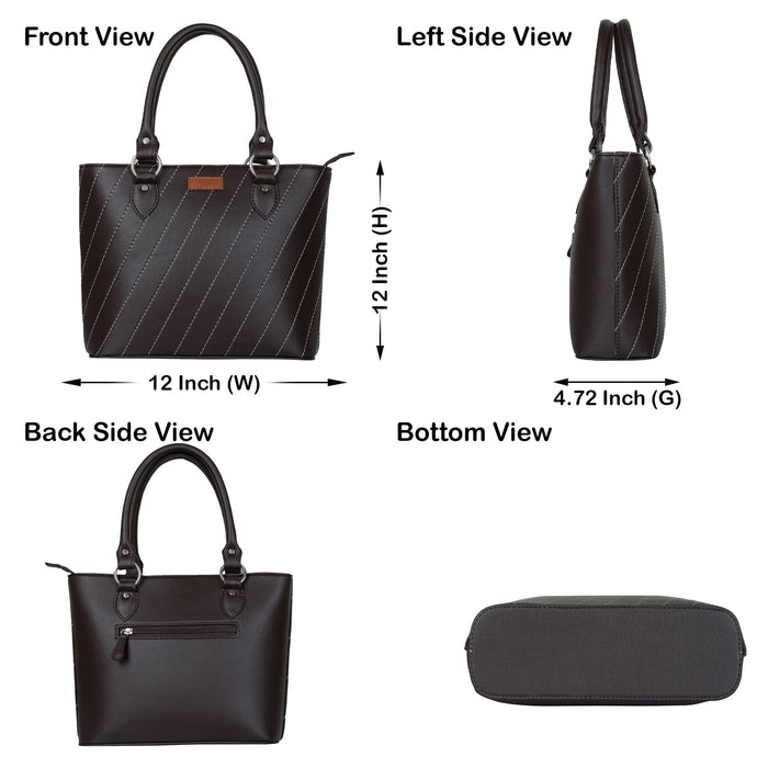 Women’s brown vegan leather top handle tote satchel shoulder handbag-infographic image