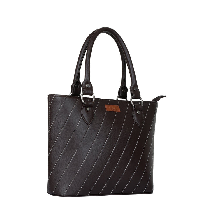 Women’s brown vegan leather top handle tote satchel shoulder handbag-half side view