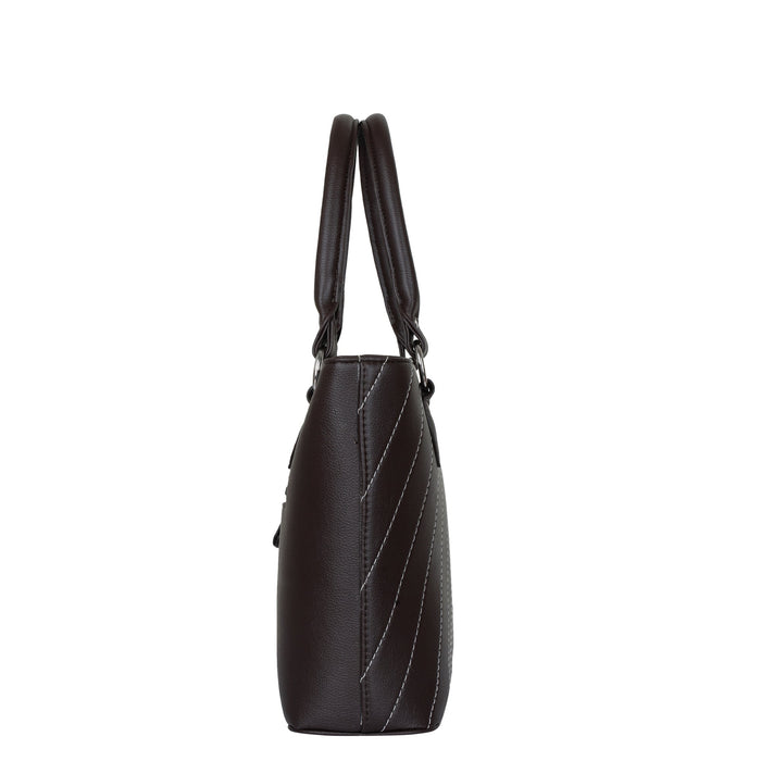 Women’s brown vegan leather top handle tote satchel shoulder handbag-side view