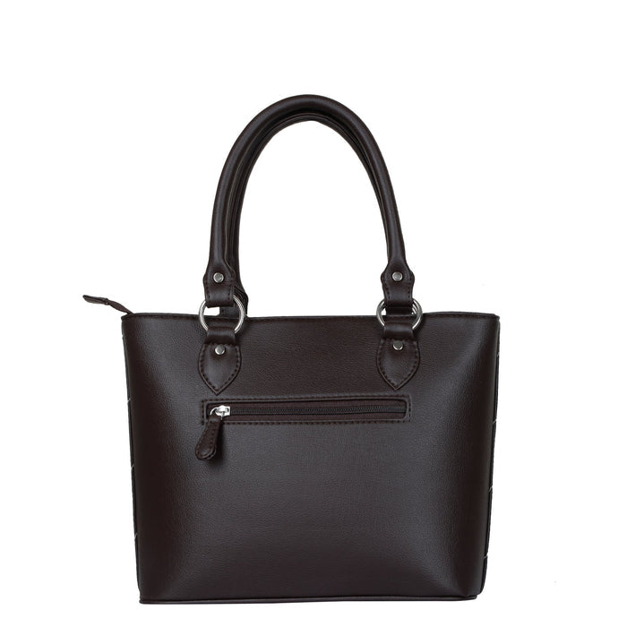Women’s brown vegan leather top handle tote satchel shoulder handbag-back view