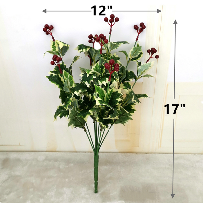 Bulk 17" Holly Leaves and Berries Bush Holiday Home Décor