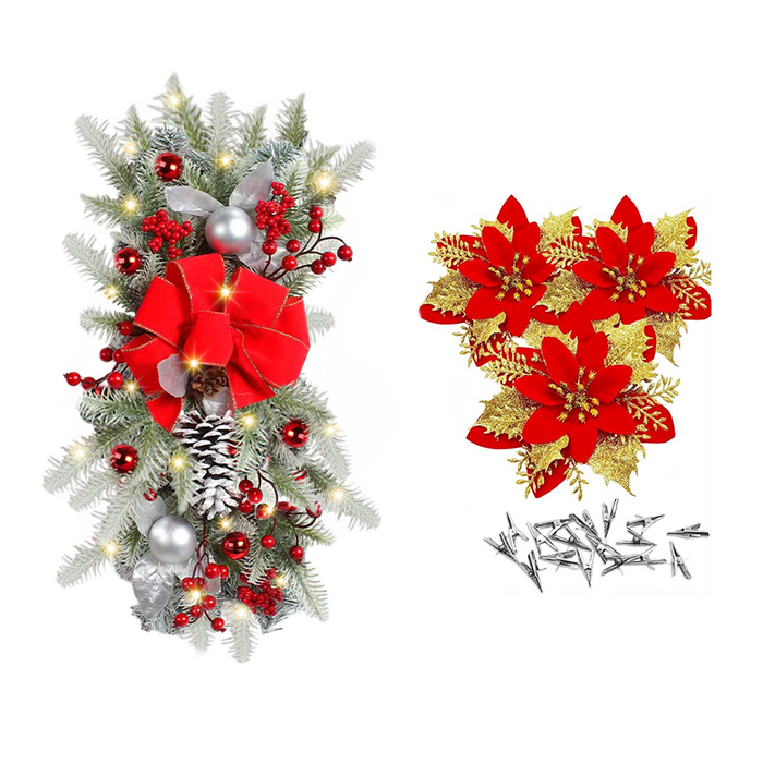 Bulk Led Christmas Hanging Garland and 20 Pcs Poinsettias Artificial Christmas Flowers with Clips Wholesale