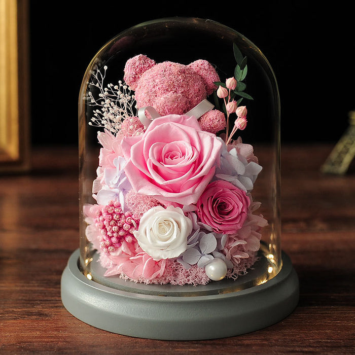 Bulk Preserved Flowers Gifts Rose Moss Bear Gifts with Led Light Wholesale