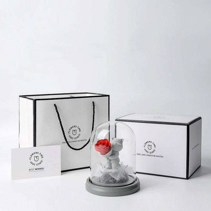 Bulk Valentine's Birthday Anniversary Gifts Preserved Rose Bear Gifts in Glass Dome Wholesale