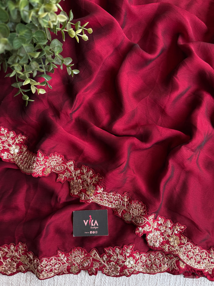 Burgandy Designer plain saree with blouse