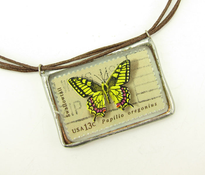 Soldered Pendant Necklace with Butterfly Postage Stamps